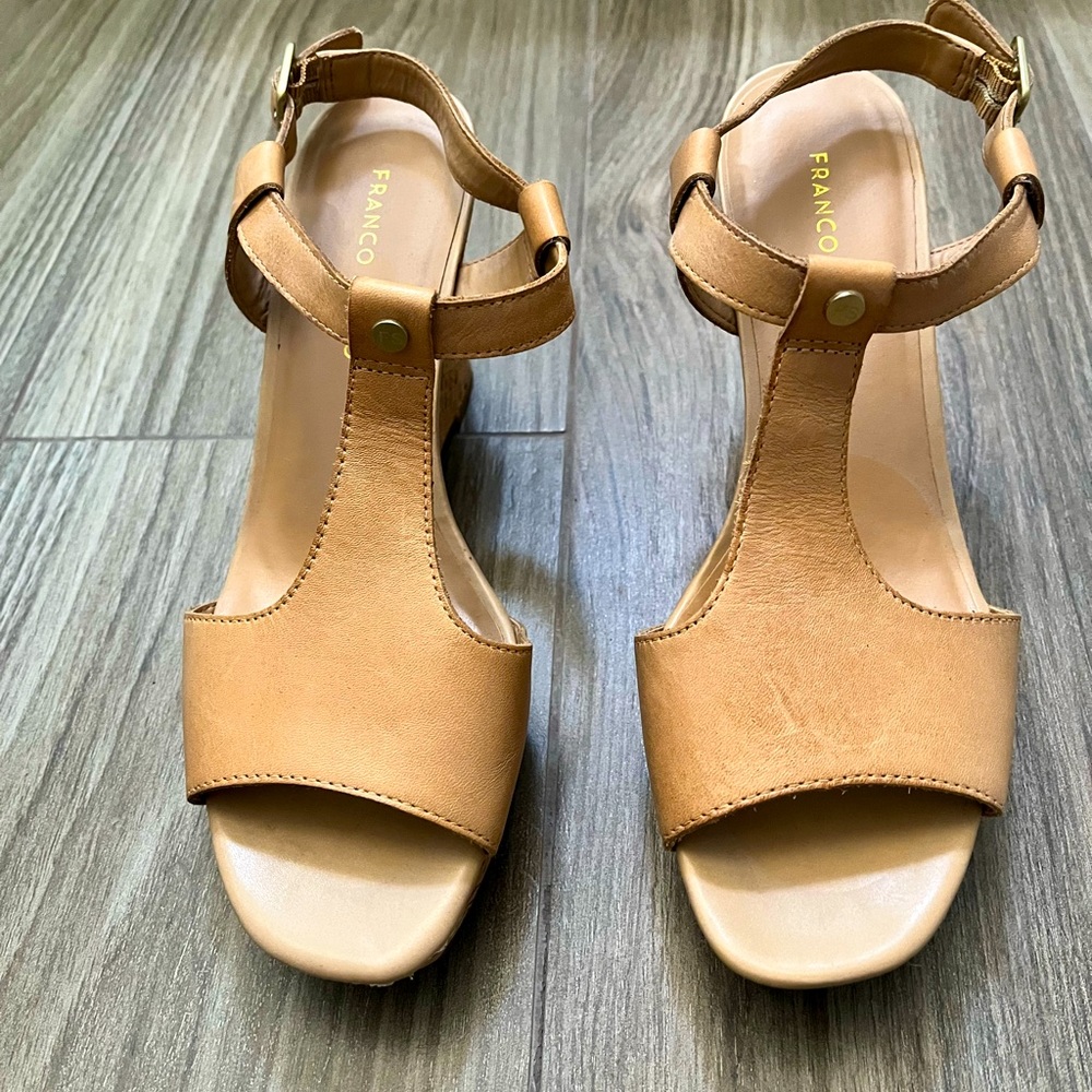 Franco Sarto Tan Leather Platform Wedge Sandals